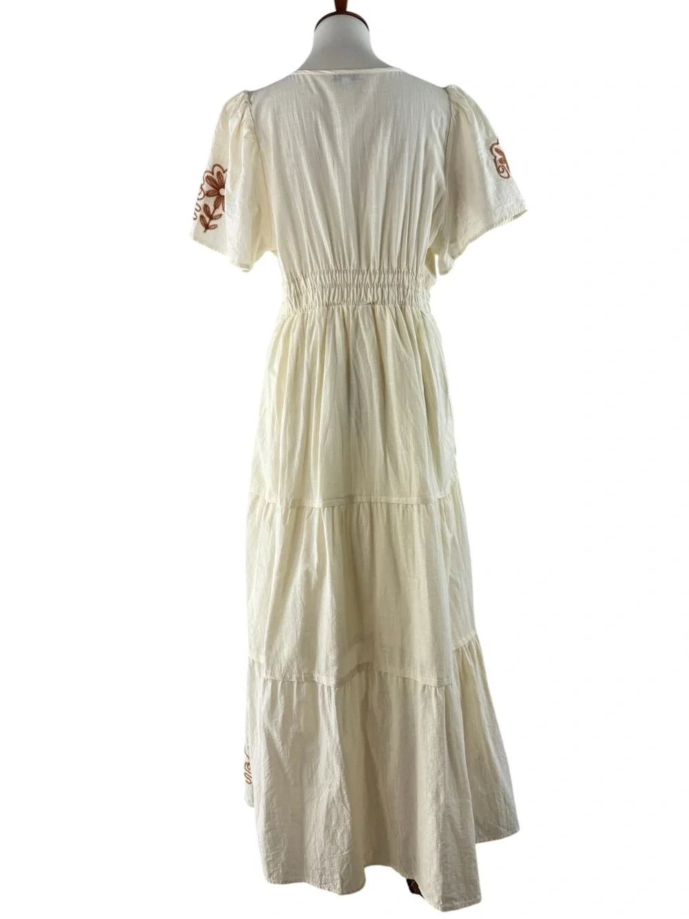 Polagram Cream & Brown Embroidered Notch Neck Short Sleeve Maxi Dress